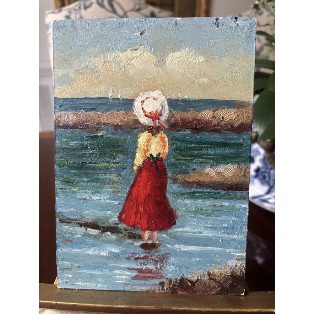 Original Oil Painting Girl At Beach Unsigned UnFramed 5”x7”